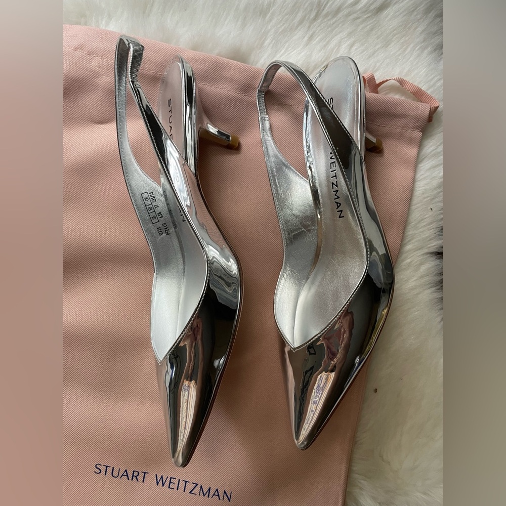 New! Stuart Weitzman Silver Slingback Heels - Picture 3 of 9